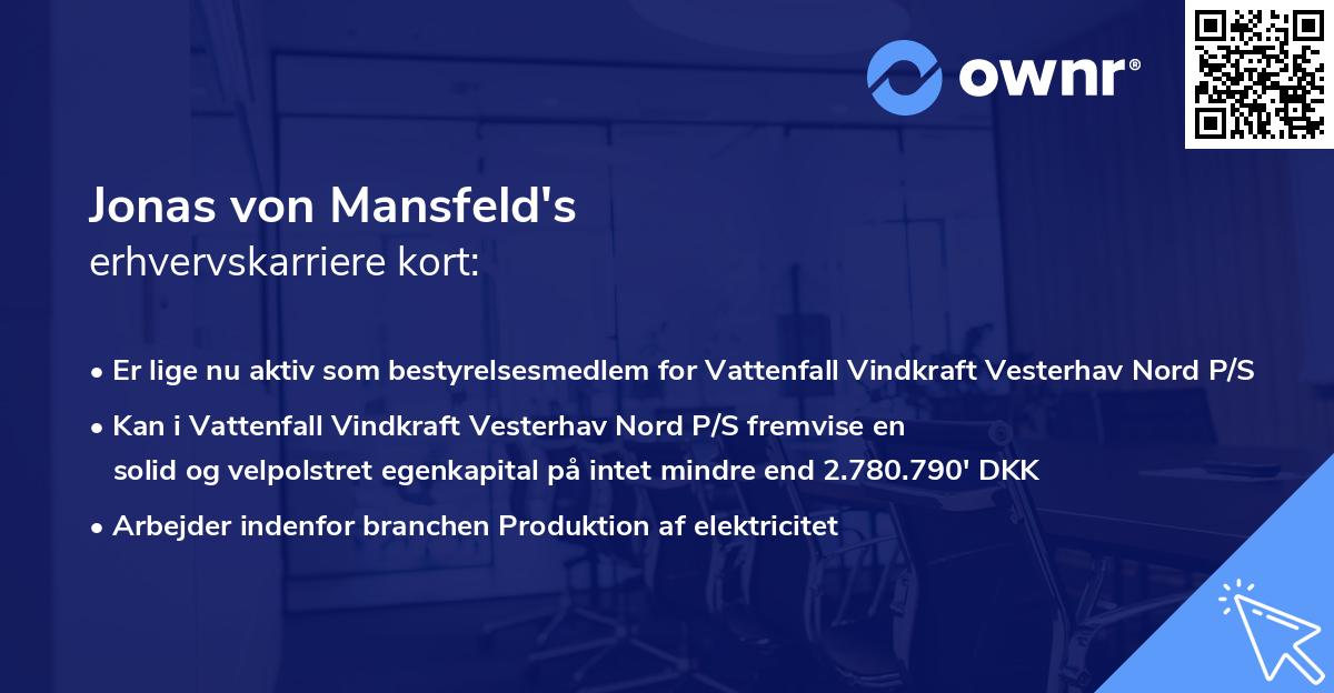 Jonas von Mansfeld's erhvervskarriere kort