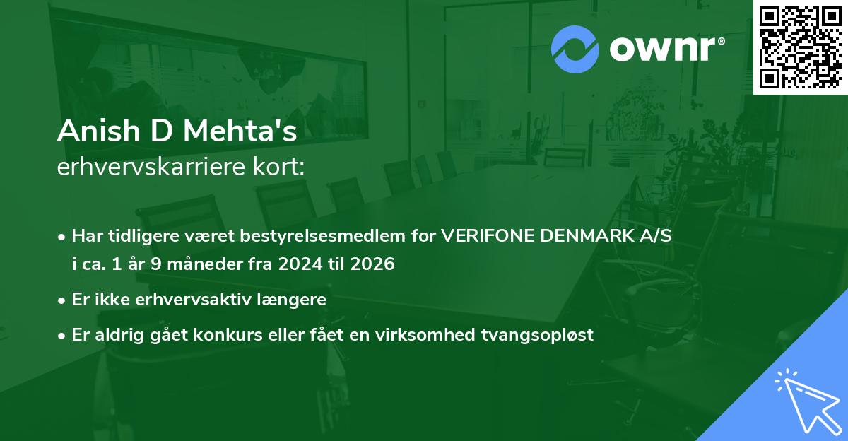 Anish D Mehta's erhvervskarriere kort