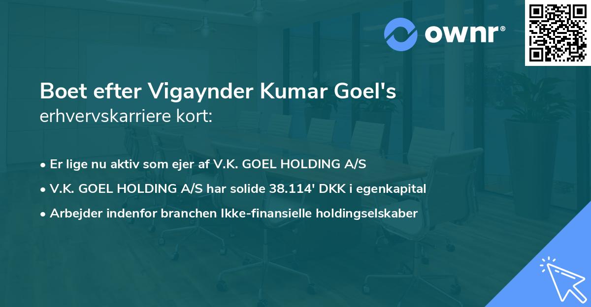 Boet efter Vigaynder Kumar Goel's erhvervskarriere kort