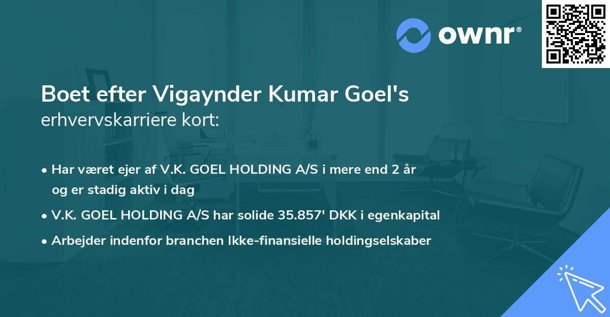 Boet efter Vigaynder Kumar Goel's erhvervskarriere kort