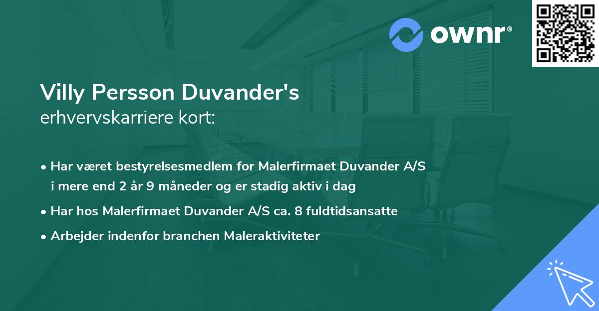 Villy Persson Duvander's erhvervskarriere kort