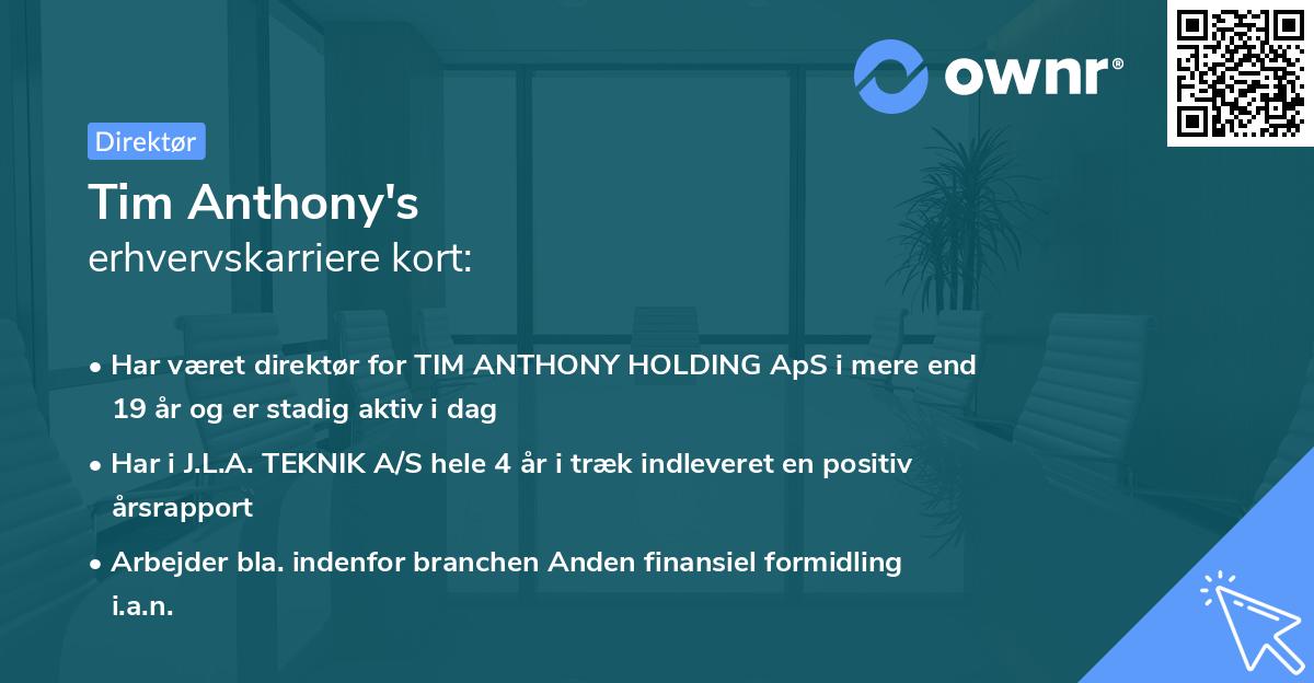 Tim Anthony's erhvervskarriere kort