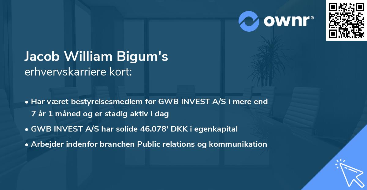 Jacob William Bigum's erhvervskarriere kort