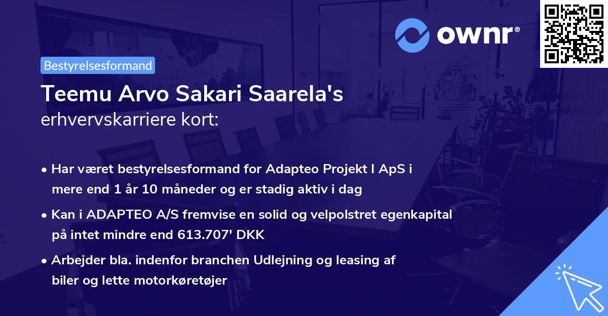 Teemu Arvo Sakari Saarela's erhvervskarriere kort