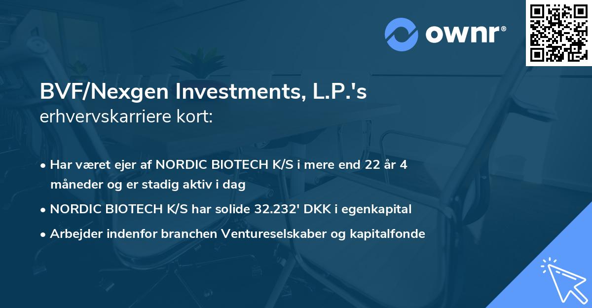 BVF/Nexgen Investments, L.P.'s erhvervskarriere kort