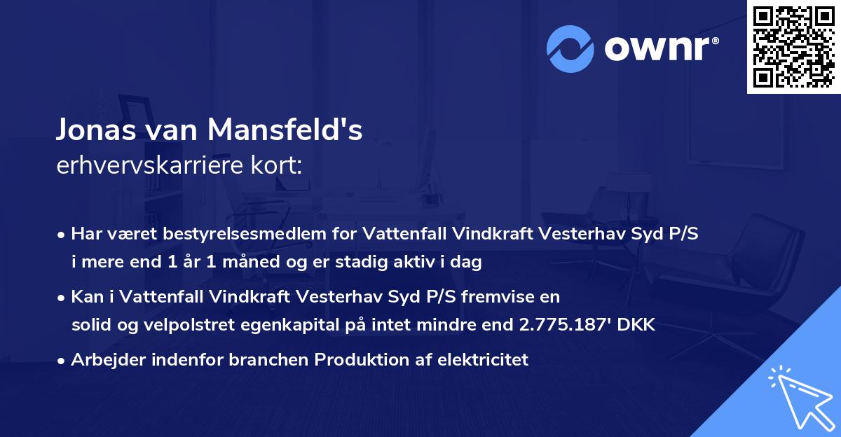 Jonas van Mansfeld's erhvervskarriere kort