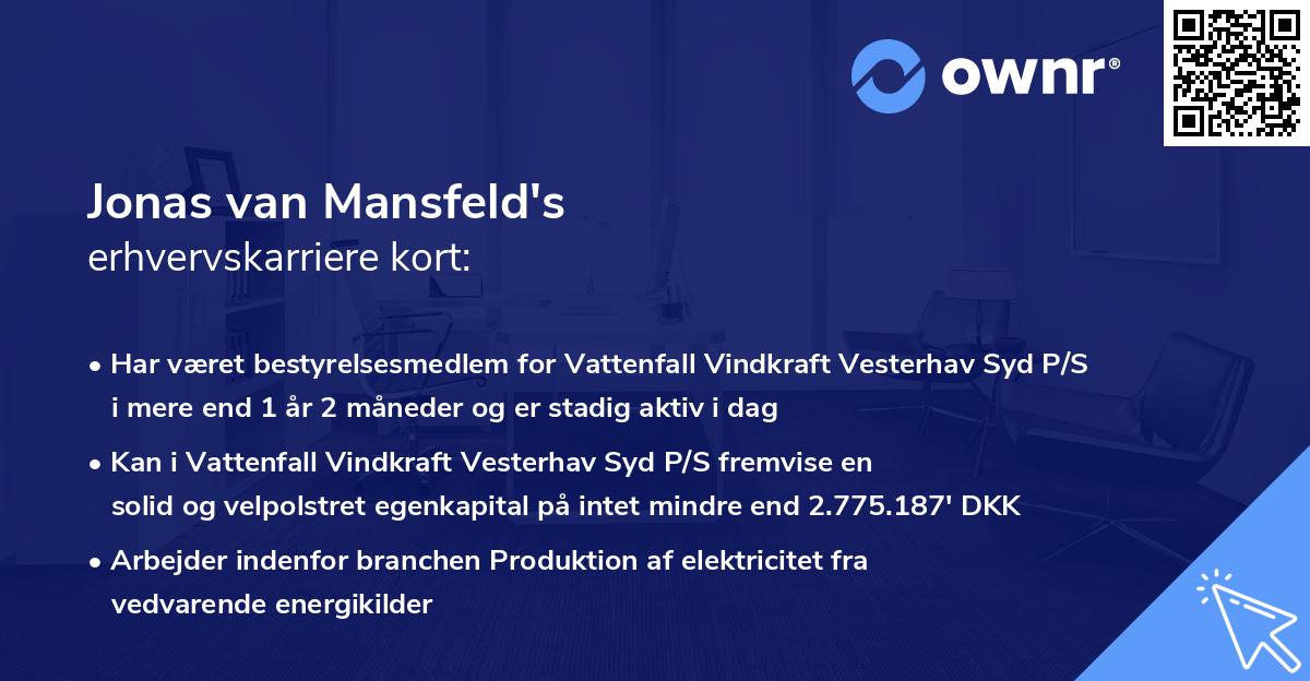 Jonas van Mansfeld's erhvervskarriere kort