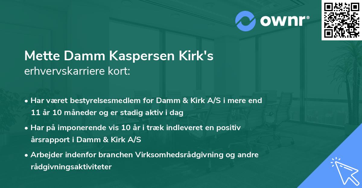 Mette Damm Kaspersen Kirk's erhvervskarriere kort