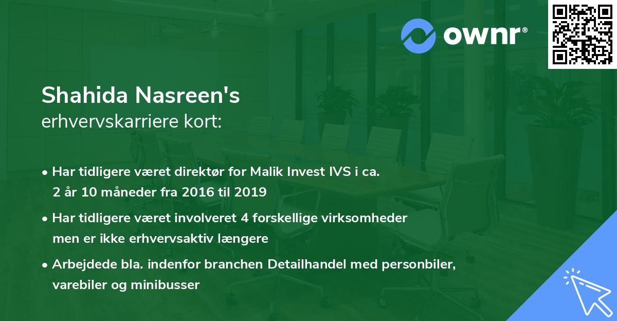 Shahida Nasreen's erhvervskarriere kort