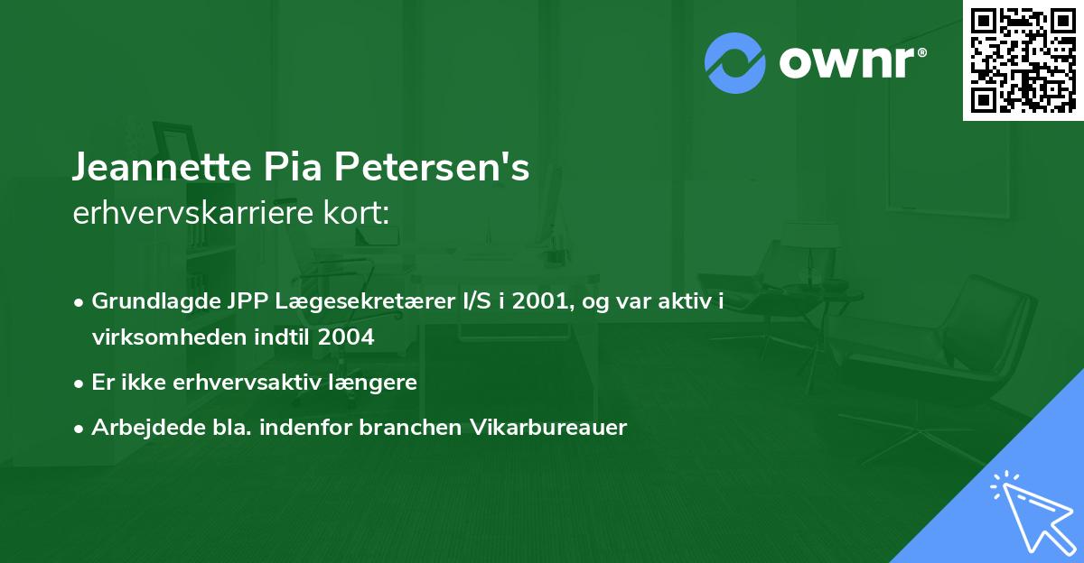Jeannette Pia Petersen's erhvervskarriere kort