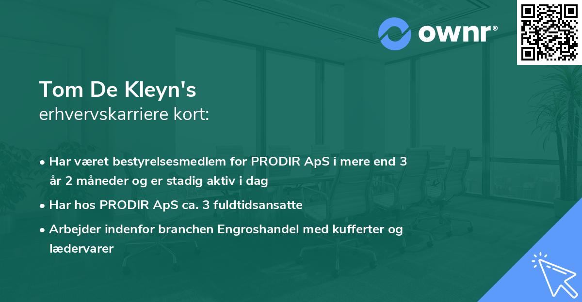 Tom De Kleyn's erhvervskarriere kort