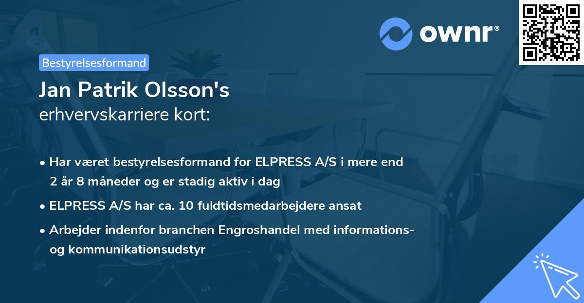 Jan Patrik Olsson's erhvervskarriere kort