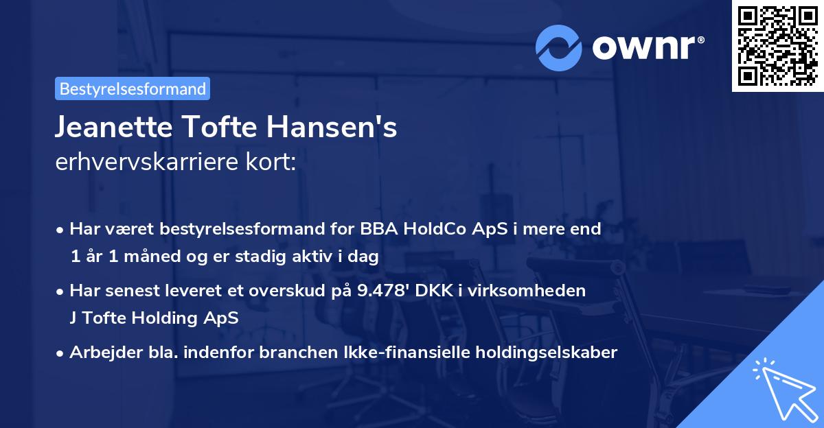 Jeanette Tofte Hansen's erhvervskarriere kort