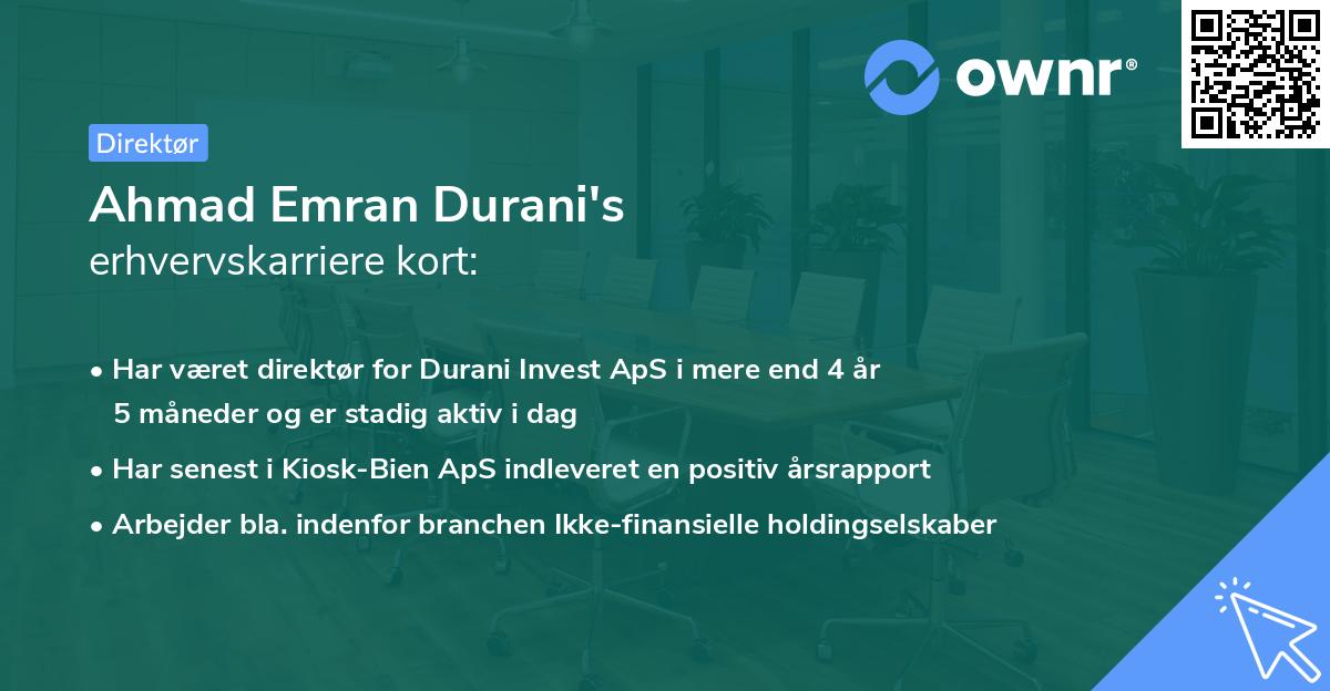 Ahmad Emran Durani's erhvervskarriere kort