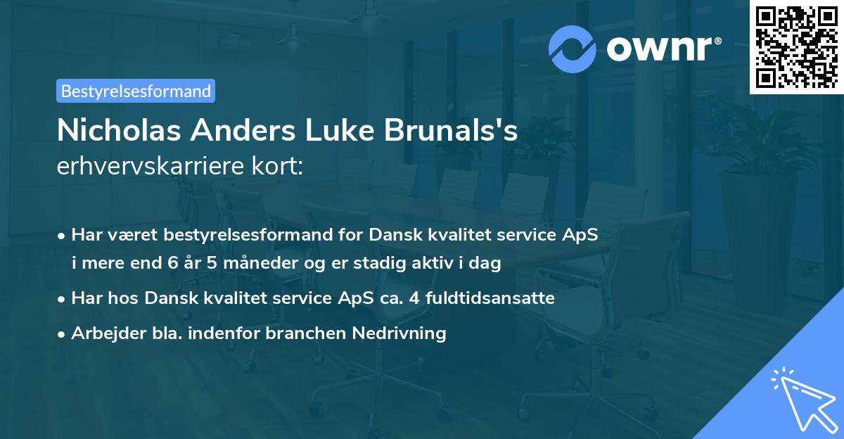 Nicholas Anders Luke Brunals's erhvervskarriere kort