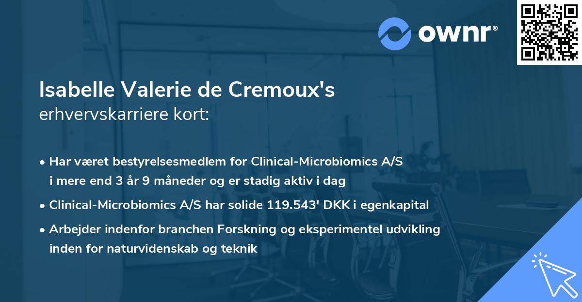 Isabelle Valerie de Cremoux's erhvervskarriere kort