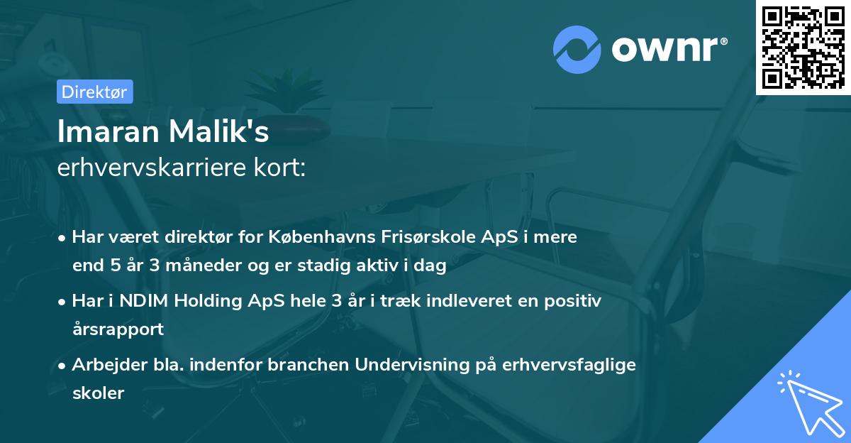 Imaran Malik's erhvervskarriere kort