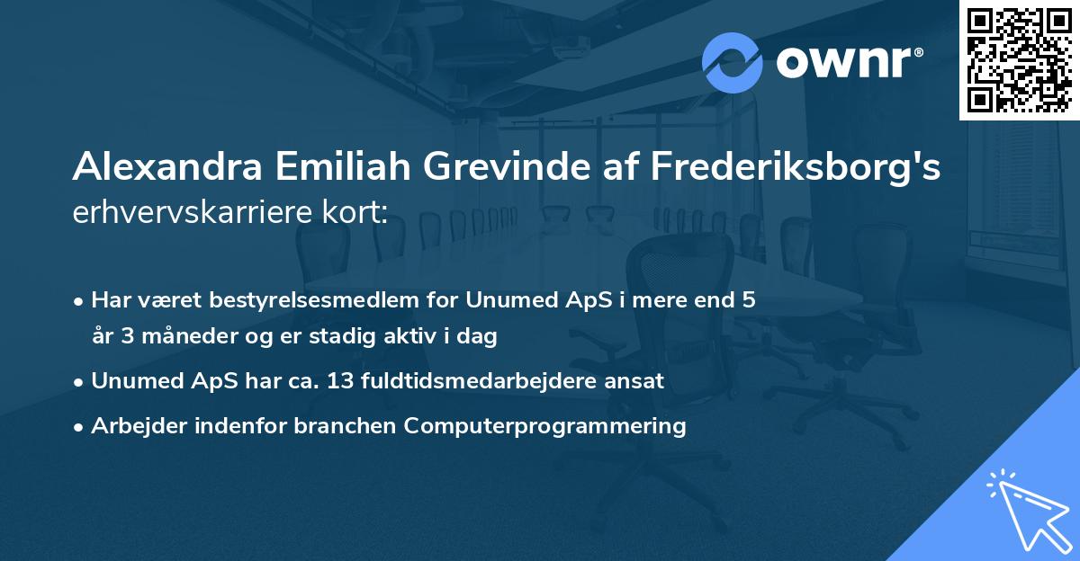 Alexandra Emiliah Grevinde af Frederiksborg's erhvervskarriere kort