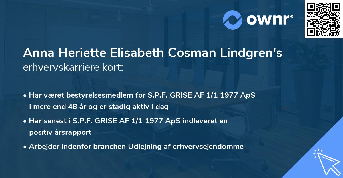 Anna Heriette Elisabeth Cosman Lindgren's erhvervskarriere kort