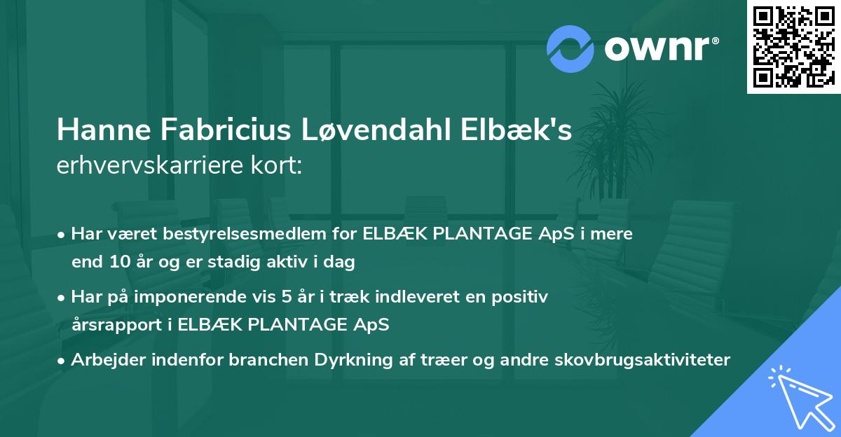 Hanne Fabricius Løvendahl Elbæk's erhvervskarriere kort