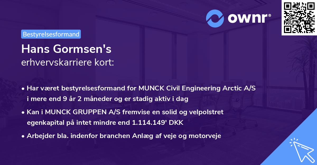 Hans Gormsen's erhvervskarriere kort