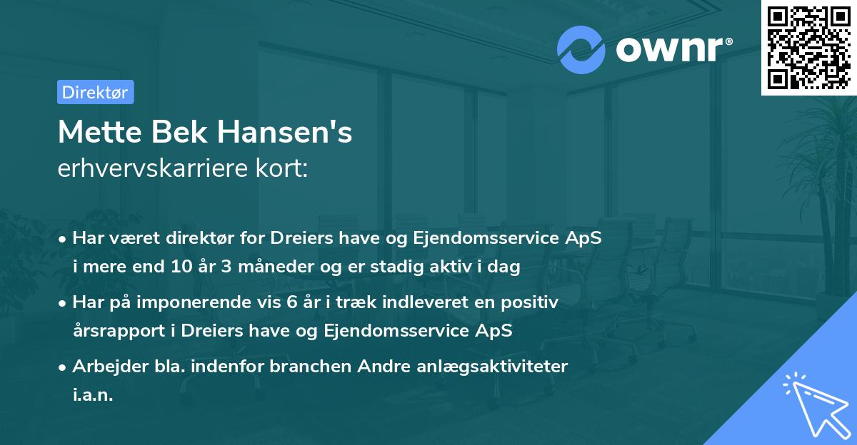 Mette Bek Hansen's erhvervskarriere kort