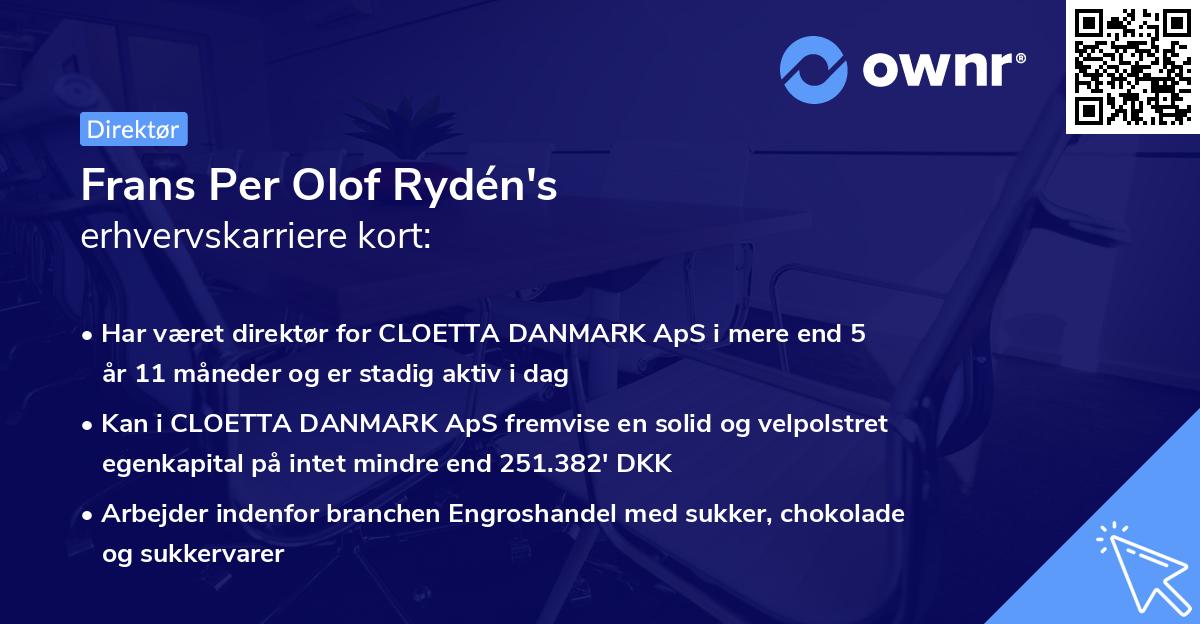 Frans Per Olof Rydén's erhvervskarriere kort