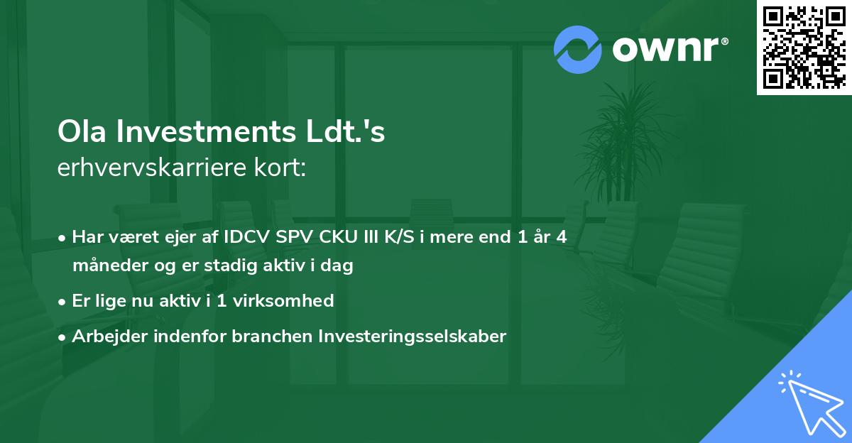 Ola Investments Ldt.'s erhvervskarriere kort