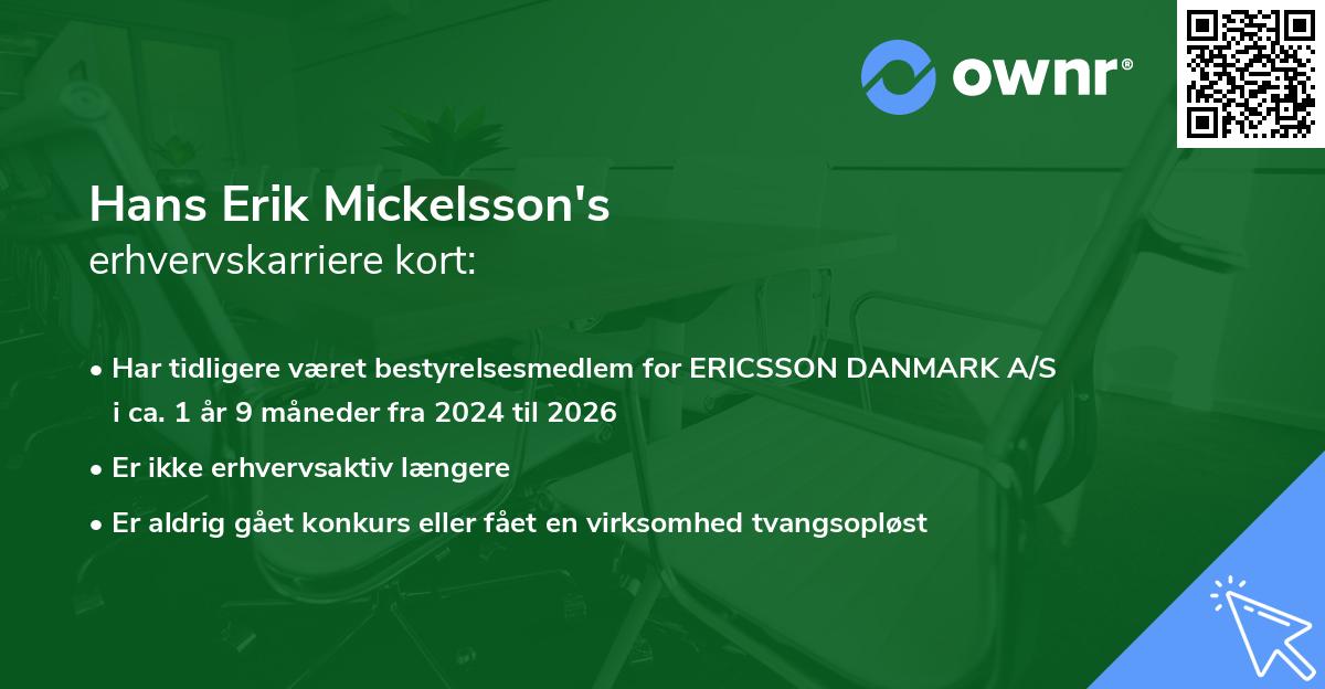 Hans Erik Mickelsson's erhvervskarriere kort