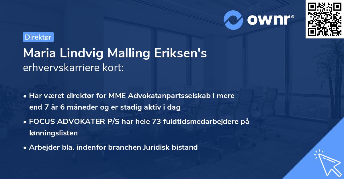 Maria Lindvig Malling Eriksen's erhvervskarriere kort