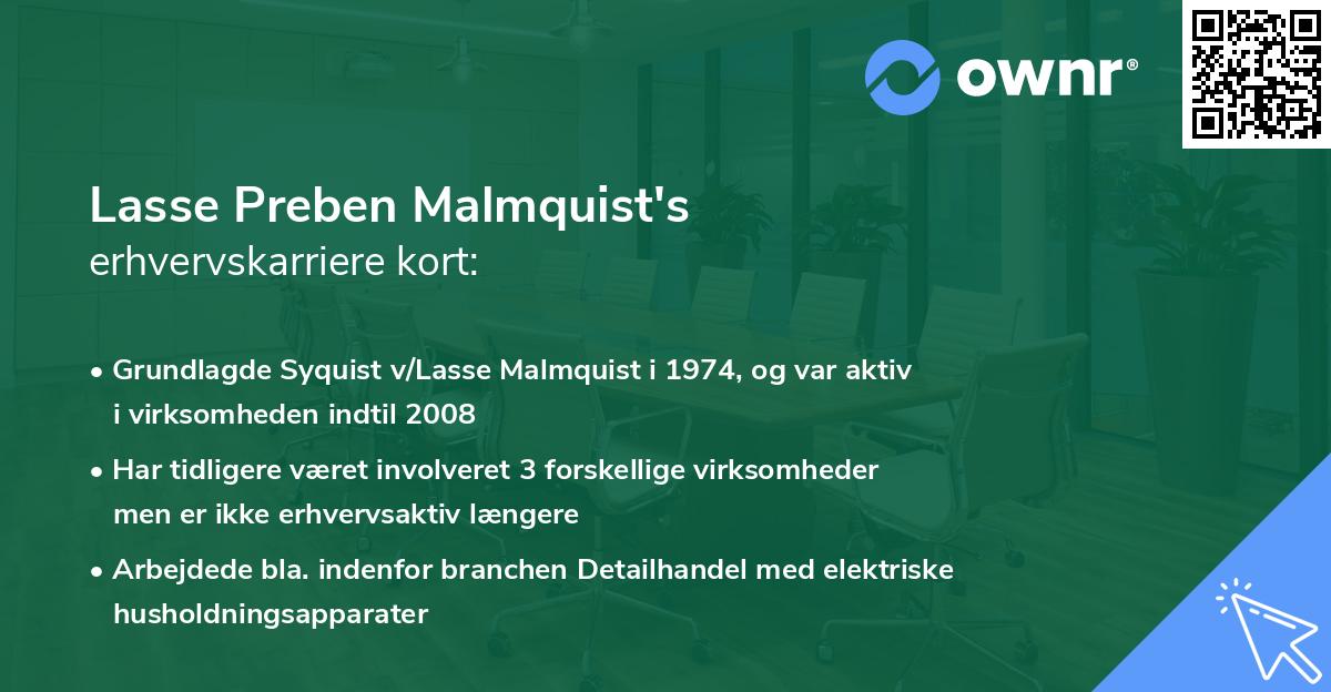 Lasse Preben Malmquist's erhvervskarriere kort