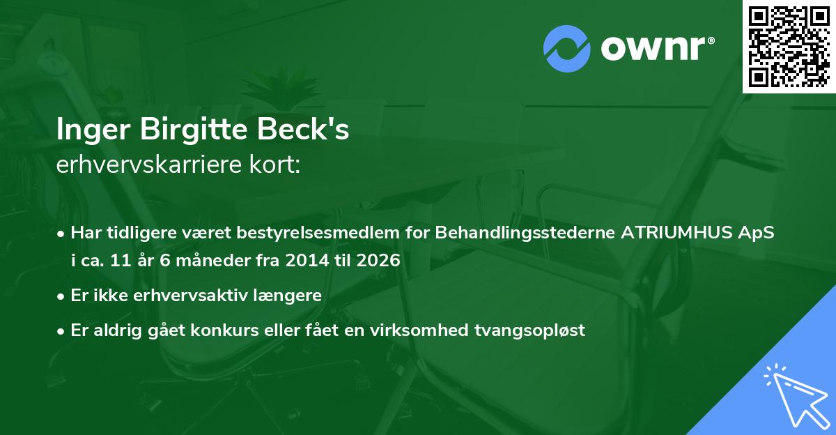 Inger Birgitte Beck's erhvervskarriere kort