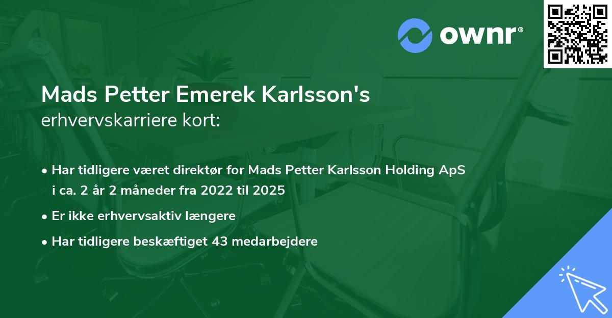 Mads Petter Emerek Karlsson's erhvervskarriere kort