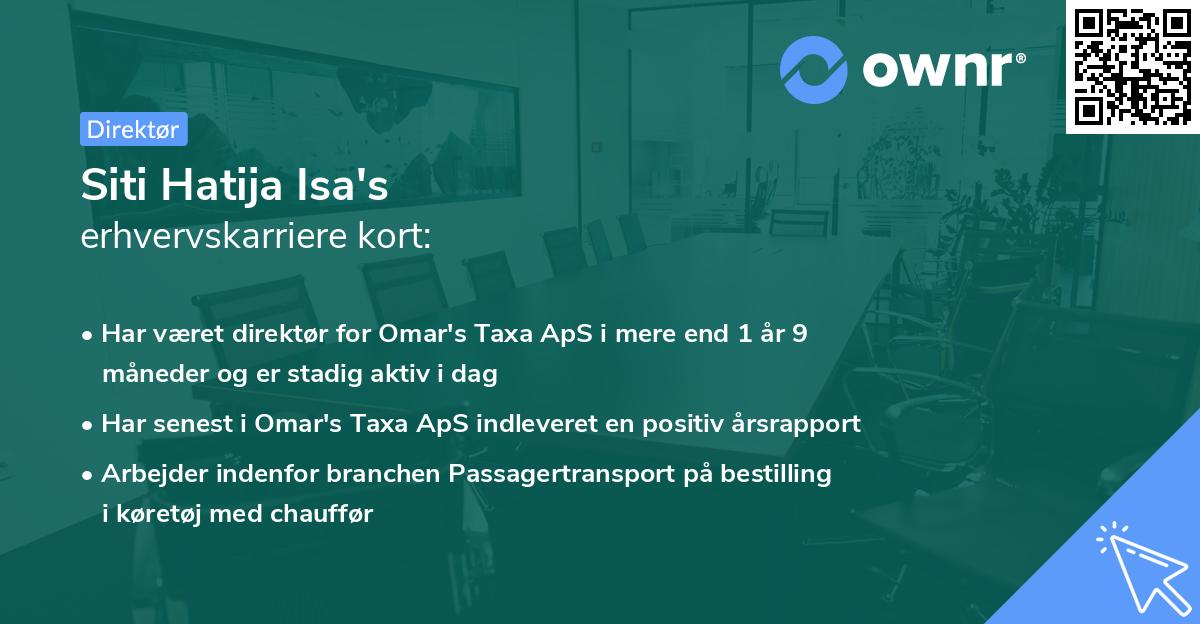 Siti Hatija Isa's erhvervskarriere kort