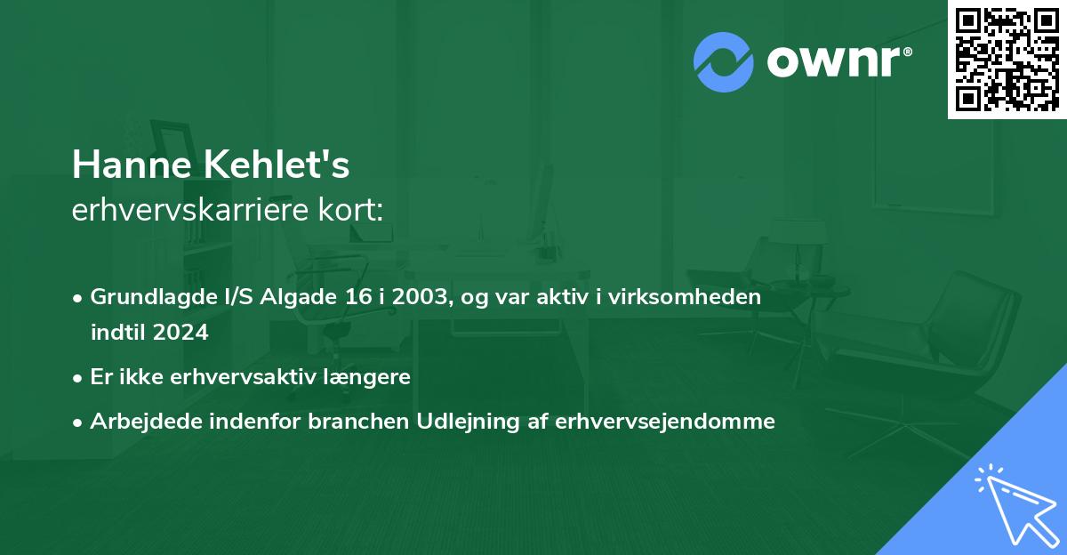 Hanne Kehlet's erhvervskarriere kort