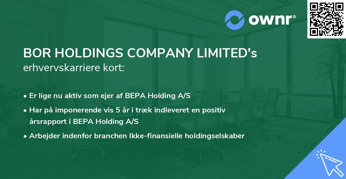 BOR HOLDINGS COMPANY LIMITED's erhvervskarriere kort