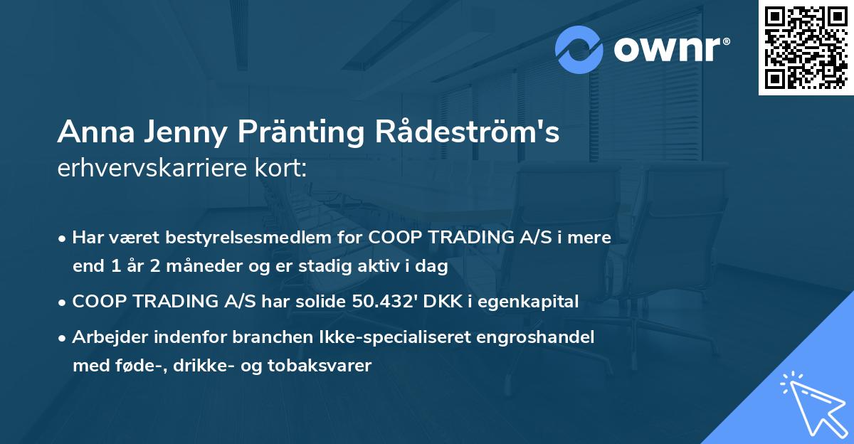 Anna Jenny Pränting Rådeström's erhvervskarriere kort