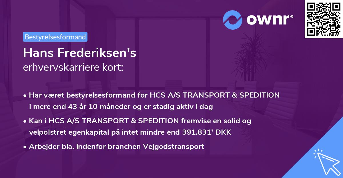 Hans Frederiksen's erhvervskarriere kort