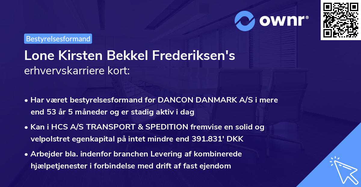 Lone Kirsten Bekkel Frederiksen's erhvervskarriere kort