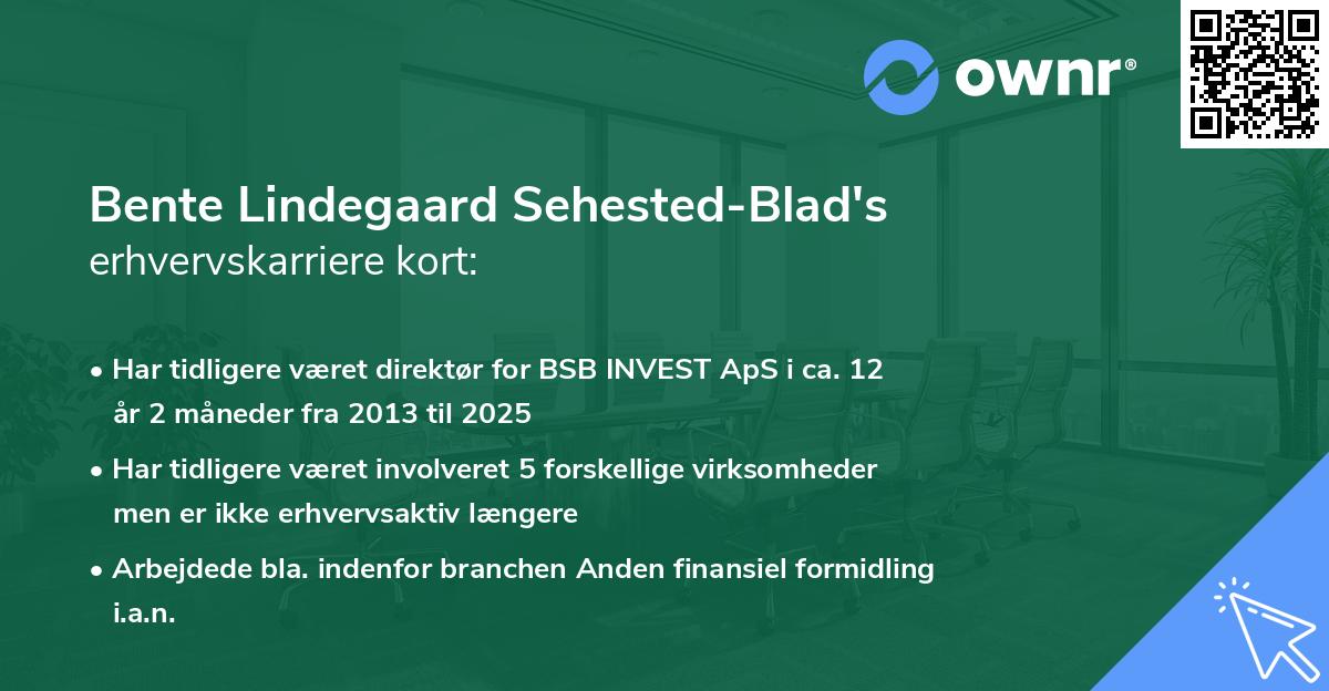 Bente Lindegaard Sehested-Blad's erhvervskarriere kort