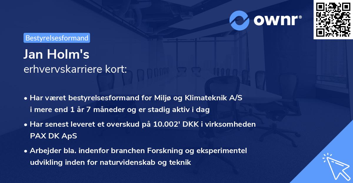 Jan Holm's erhvervskarriere kort