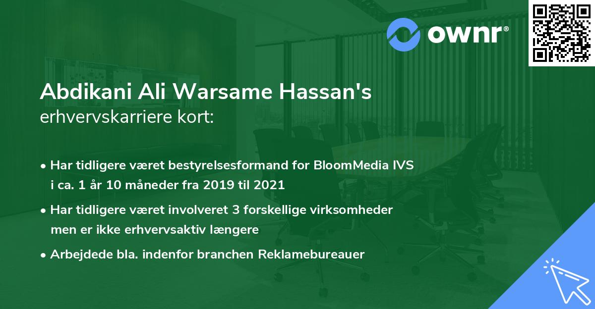 Abdikani Ali Warsame Hassan's erhvervskarriere kort