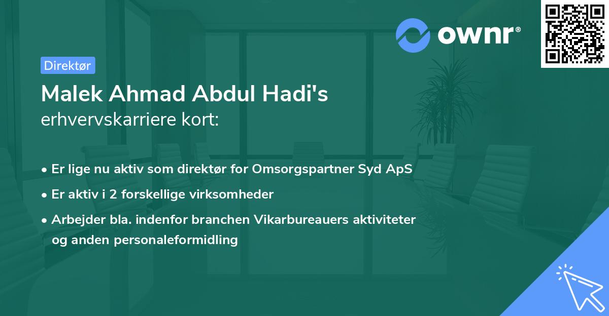 Malek Ahmad Abdul Hadi's erhvervskarriere kort