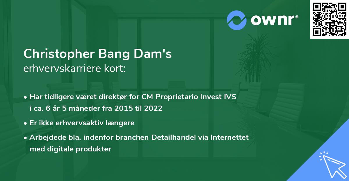 Christopher Bang Dam's erhvervskarriere kort