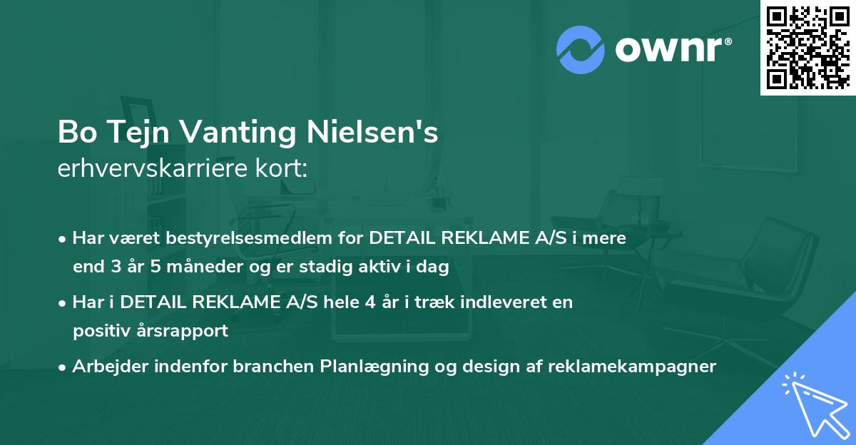 Bo Tejn Vanting Nielsen's erhvervskarriere kort