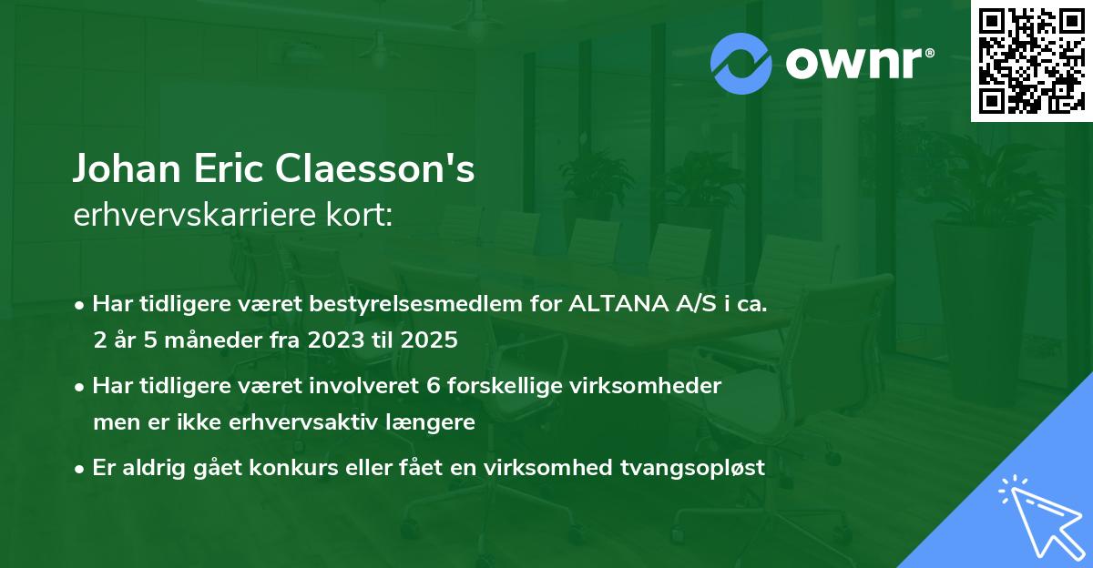 Johan Eric Claesson's erhvervskarriere kort