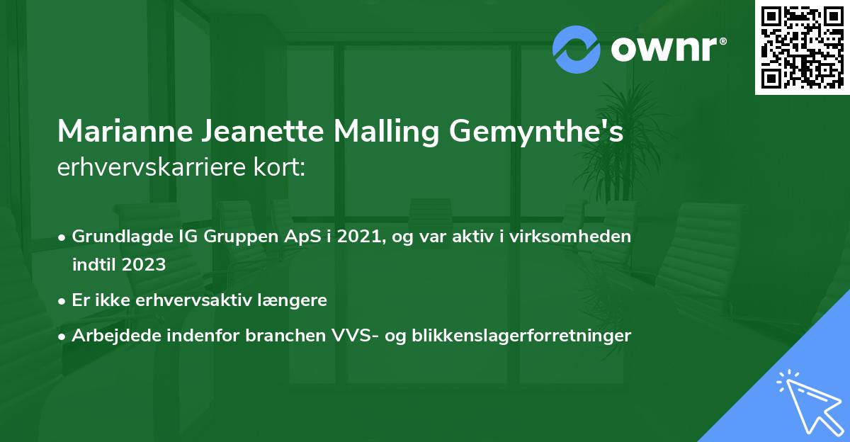 Marianne Jeanette Malling Gemynthe's erhvervskarriere kort
