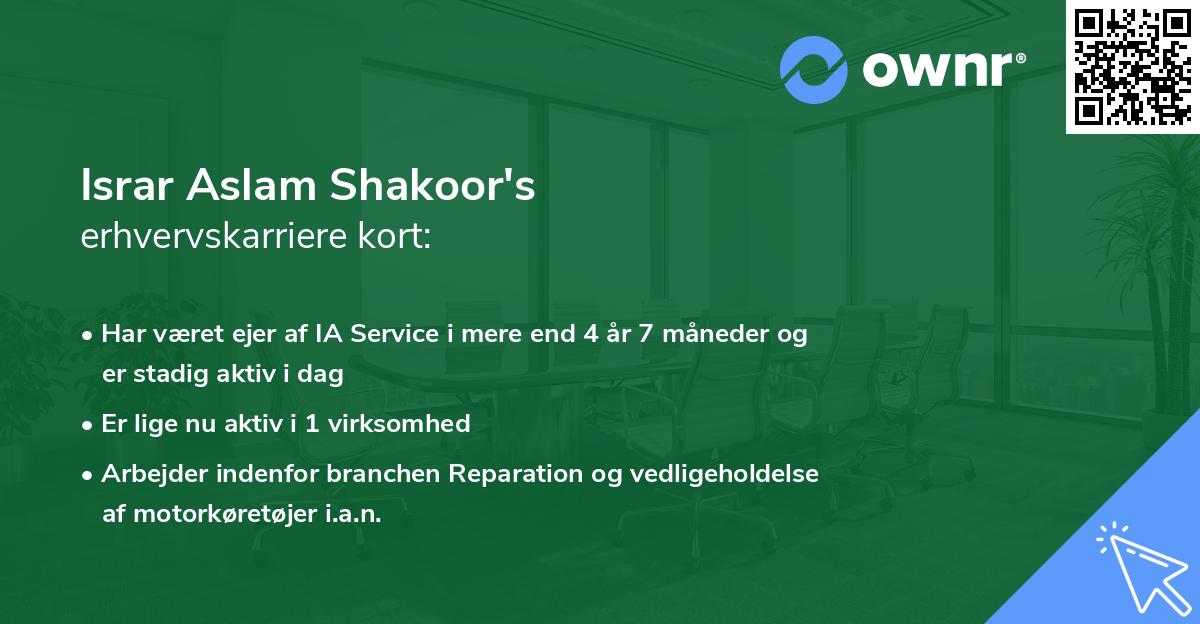 Israr Aslam Shakoor's erhvervskarriere kort
