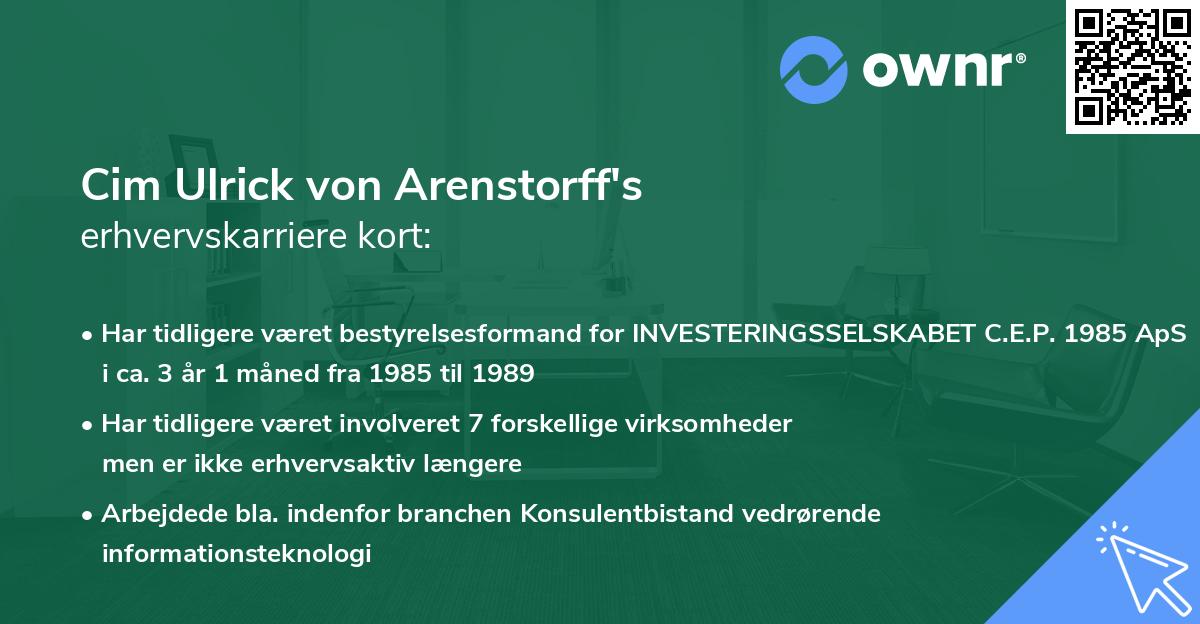 Cim Ulrick von Arenstorff's erhvervskarriere kort