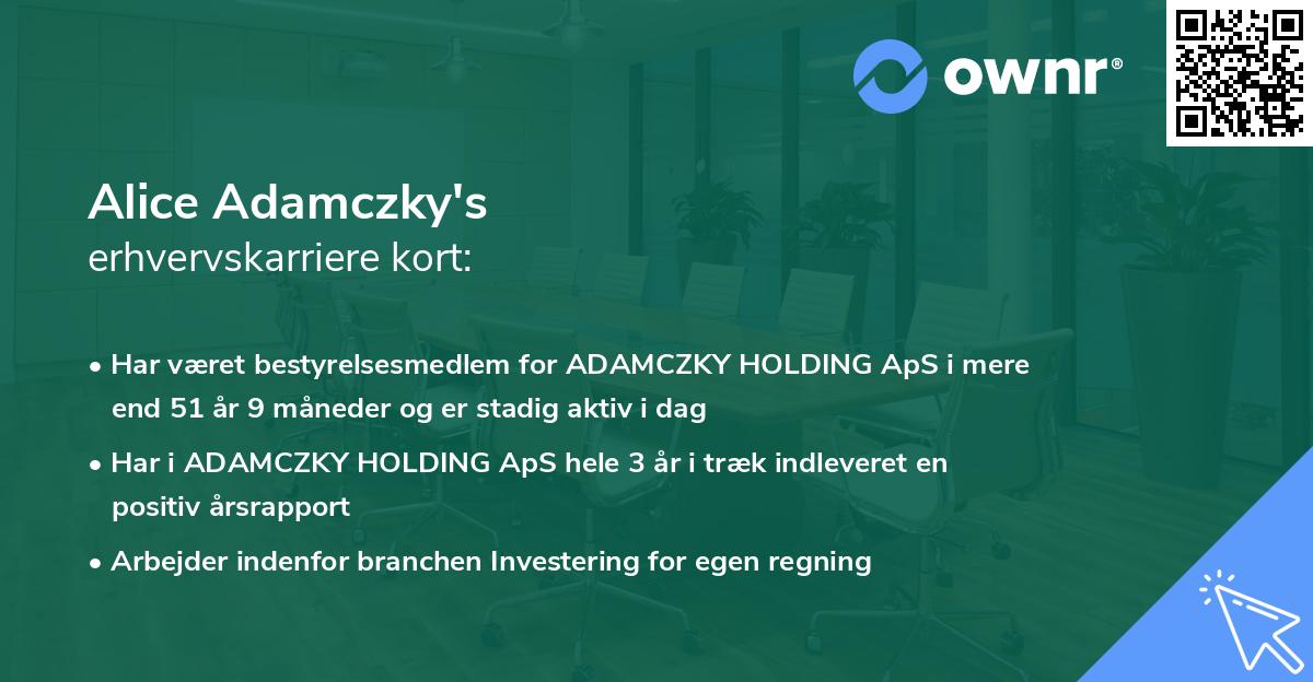 Alice Adamczky's erhvervskarriere kort